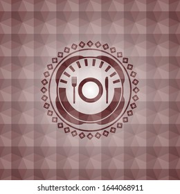 restaurant icon inside red seamless emblem with geometric pattern.