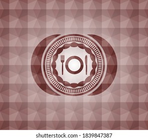 restaurant icon inside red seamless badge with geometric pattern background. 