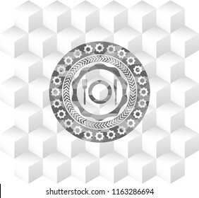 restaurant icon inside retro style grey emblem with geometric cube white background