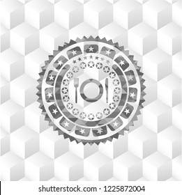 restaurant icon inside retro style grey emblem with geometric cube white background