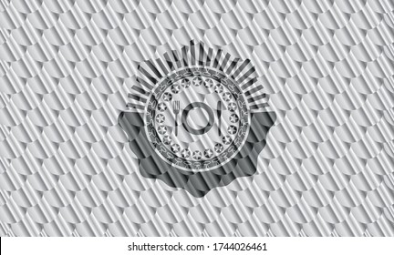 restaurant icon inside shiny silver emblem. Scales pattern. Vector Illustration. Detailed. 