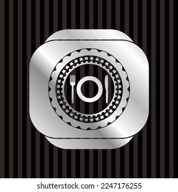 restaurant icon inside silver badge. 