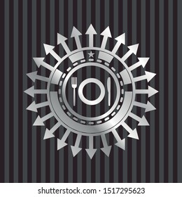 restaurant icon inside silvery emblem or badge