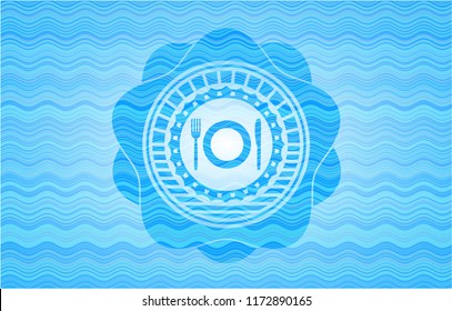 restaurant icon inside sky blue water badge background.