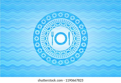restaurant icon inside sky blue water emblem.