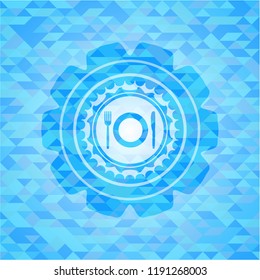 restaurant icon inside sky blue emblem with triangle mosaic background