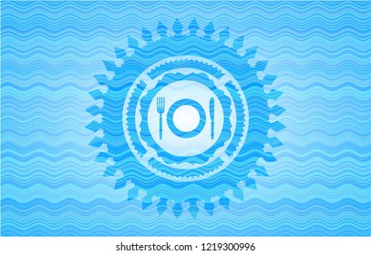 restaurant icon inside sky blue water wave style emblem.