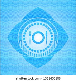 restaurant icon inside sky blue water badge.