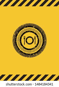 restaurant icon inside warning sign, black grunge emblem. Vector Illustration. Detailed.