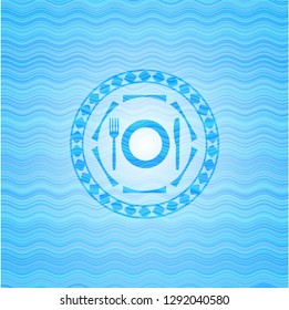 restaurant icon inside water representation badge background.