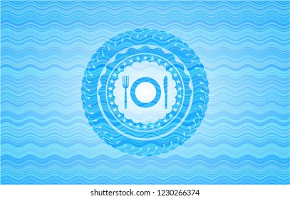 restaurant icon inside water wave representation style badge.