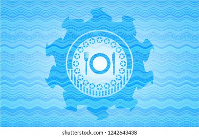 restaurant icon inside water wave representation style emblem.
