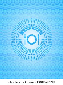 restaurant icon inside water wave concept badge. 