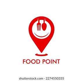 Icono de restaurante, puntero de mapa o alfiler de ubicación con una sonrisa de horquilla, cuchara y placa, símbolo vector. Icono de punto de comida para café de comida rápida, barra de comidas o aplicación de entrega de comida signo con pin de ubicación roja en el mapa