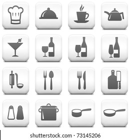 Restaurant Icon on Square Black and White Button Collection Original Illustration