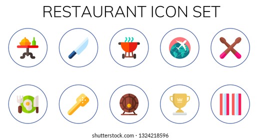 restaurant icon set. 10 flat restaurant icons.  Simple modern icons about  - dinner table, dinner, knife, slotted spoon, bbq, beer, travel, cup, drumsticks, bacon
