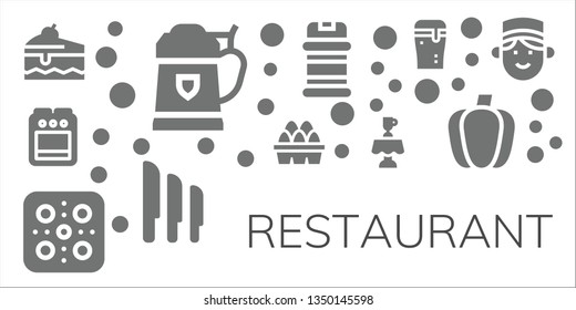 restaurant icon set. 11 filled restaurant icons.  Simple modern icons about  - Cake, Beer, Stove, Eggs, Pizza, Latte, Condiments, Knives, Paprika, Concierge