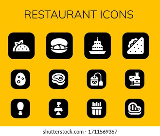 restaurant icon set. 12 filled restaurant icons. Included Taco, Egg, Fried chicken, Mussel, Meat, Latte, Cake, Tea bag, French fries, Sandwich, Wine bottle, Steak icons