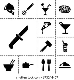 Restaurant icon. set of 13 filled restauranti cons such as spoon and fork, dish, cocktail, pizza, asian food, drink, cocktail, dish serving, corolla, pan