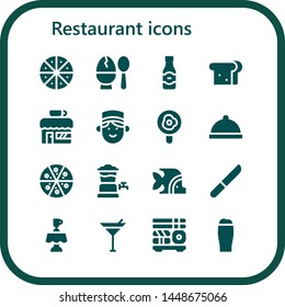 restaurant icon set. 16 filled restaurant icons.  Collection Of - Pizza, Egg, Beer, Sandwich, Coffee shop, Concierge, Fried egg, Dinner, Beer tap, Fish, Knife, Latte, Martini