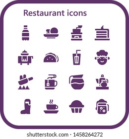 restaurant icon set. 16 filled restaurant icons.  Simple modern icons about  - Soda, Cakes, Coffee grinder, Cake, Room service, Taco, Drink, Chef, Fry, Mug, Coffee pot, Teapot