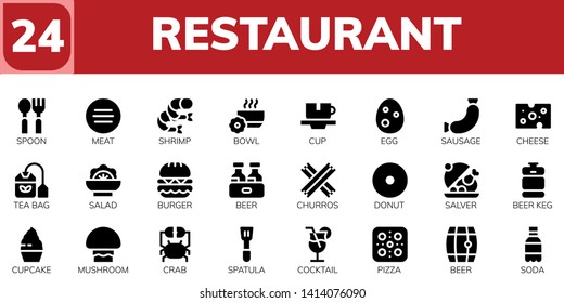 restaurant icon set. 24 filled restaurant icons.  Collection Of - Spoon, Meat, Shrimp, Bowl, Cup, Egg, Sausage, Cheese, Tea bag, Salad, Burger, Beer, Churros, Donut, Salver, Beer keg