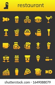 restaurant icon set. 26 filled restaurant icons. Included Fish, Beer, Coffee, Sushi, Mussel, Cocktail, Stool, Soda, Salad, Kettle, Spatula, Cup, Bottle, Dark beer, Squid icons