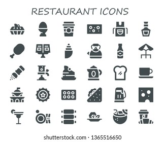 restaurant icon set. 30 filled restaurant icons.  Collection Of - Cake, Egg, Coffee cup, Cheese, Apron, Whiskey, Meat, Recipe book, Shell, Kettle, Beer, Terrace, Salt, Beer tap