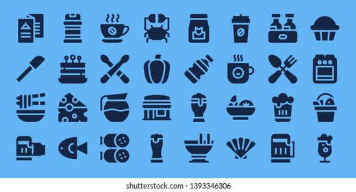 restaurant icon set. 32 filled restaurant icons. on blue background style Simple modern icons about  - Menu, Spatula, Noodle, Beer, Condiments, Cake, Cheese, Fish, Coffee, Drumsticks