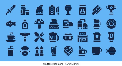 restaurant icon set. 32 filled restaurant icons. on blue background style Simple modern icons such as: Knife, Fish, Coffee, Soda, Diary product, Food, Sausage, Chef, Coffee grinder