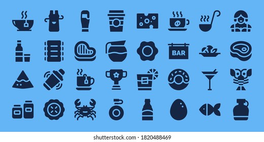 conjunto de iconos del restaurante. 32 íconos rellenos del restaurante. Té incluido, Vodka, Nachos, Pots, Apron, Ribs, Shaker, Pie, Cerveza, Steak, Cangrejo, Café, Cafetera, Copa, Canteen, Iconos de queso