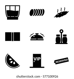 Restaurant icon. Set of 9 Restaurant filled icons such as book, reserved, drink, cookie, pepper, vip door, bell, meat
