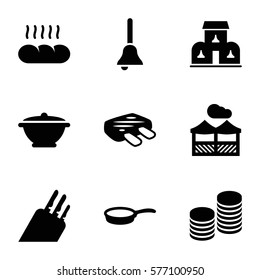Restaurant icon. Set of 9 Restaurant filled icons such as bell, bread, building, pergola, coin, meat, pan