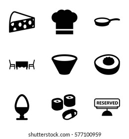 Restaurant icon. Set of 9 Restaurant filled icons such as chef hat, reserved, avocado, egg, restaurant table, bowl, pan, sushi