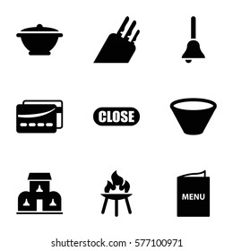 Restaurant icon. Set of 9 Restaurant filled icons such as menu, bell, building, close, card, bowl, pan, knife