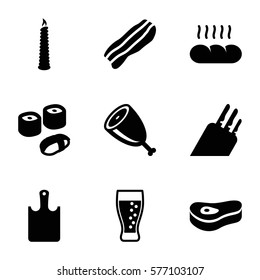 Restaurant icon. Set of 9 Restaurant filled icons such as soda, bacon, bread, candle, meat, chopping board, knife