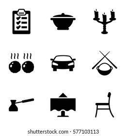 Restaurant icon. Set of 9 Restaurant filled icons such as restaurant table, chair, candlestick, car, clipboard, meat, pan, turk