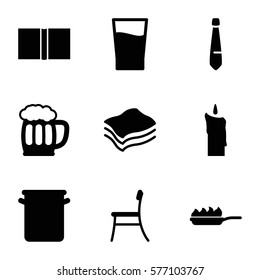 Restaurant icon. Set of 9 Restaurant filled icons such as chair, book, drink, beer mug, sponge, candle, tie, pan