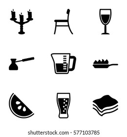 Restaurant icon. Set of 9 Restaurant filled icons such as chair, soda, wine glass, sponge, candlestick, pan-fry, decanted, turk