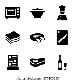 Restaurant icon. Set of 9 Restaurant filled icons such as chef, menu, sponge, wine glass and bottle, meat, pan, chopping board and knife
