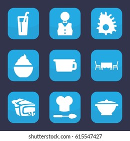 Restaurant icon. set of 9 filled restaurant icons such as milkshake, pie, waiter, restaurant table, chef hat and spoon, pan, extinct sea creature, pot