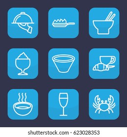 Restaurant icon. set of 9 outline restaurant icons such as crab, asian food, milkshake, coffee and croissant, soup, wine glass, dish serving, bowl