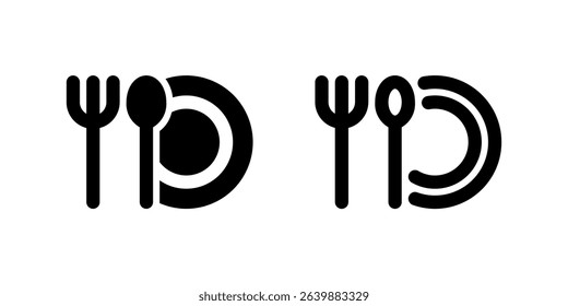 Restaurant Icon Set. A black glyph and outline icon of a fork and knife, representing dining services.