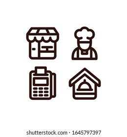 Restaurant Icon Set With Restaurant Building, Cafe & Chef, Vector Illustrations.