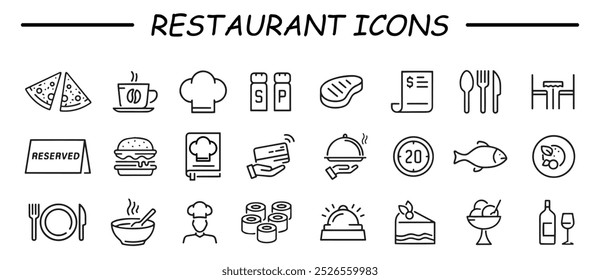 Restaurant icon set. Restaurant business icon concept, containing server, meal, cooking, menu, restaurant, fast food and dinner icons. Line icon collection.