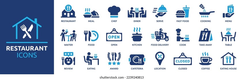 Restaurant icon set. Restaurant business and food delivery icon concept, containing server, meal, cooking, menu, restaurant, food delivery, fast food and dinner icons. Solid icon collection.