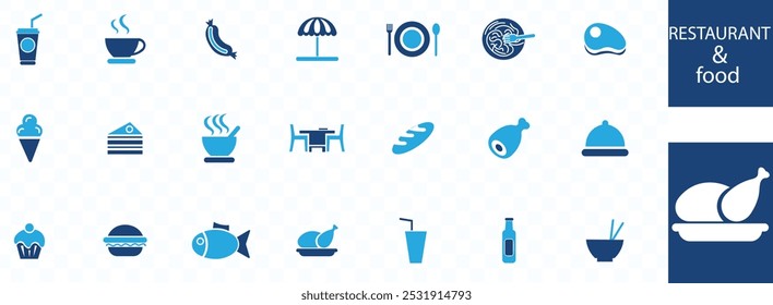 Restaurant icon set. Restaurant business and food delivery icon concept, containing server, meal, cooking, menu, restaurant, food delivery, fast food and dinner icons. Solid icon