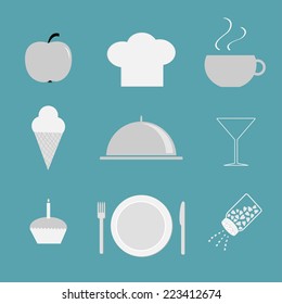 Restaurant icon set. Chef hat, cloche, coffee, plate, salt shacker, martini glass, ice cream, cupcacke, apple. Flat. Vector illustration