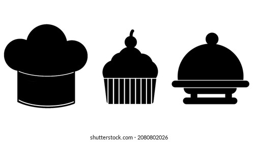 restaurant icon set with chef's hat, cake, and dessert. Isolated on a white background. Vector illustrations.