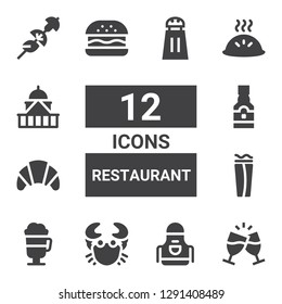 restaurant icon set. Collection of 12 filled restaurant icons included Toast, Apron, Crab, Irish coffee, Wrap, Croissant, Tequila, Hamburguer, Dumpling, Government, Skewer, Salt